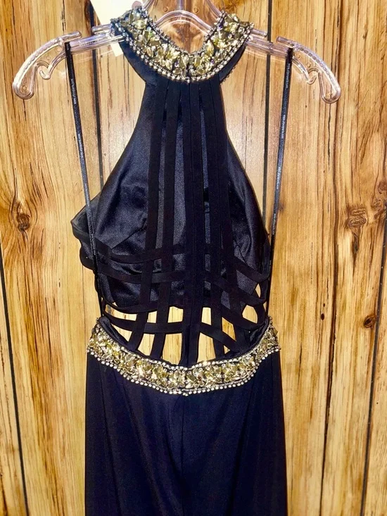 Alyce Paris Black Beaded Two Piece Prom Gown Open Back Halter 4 Rare Formal - Picture 5 of 11